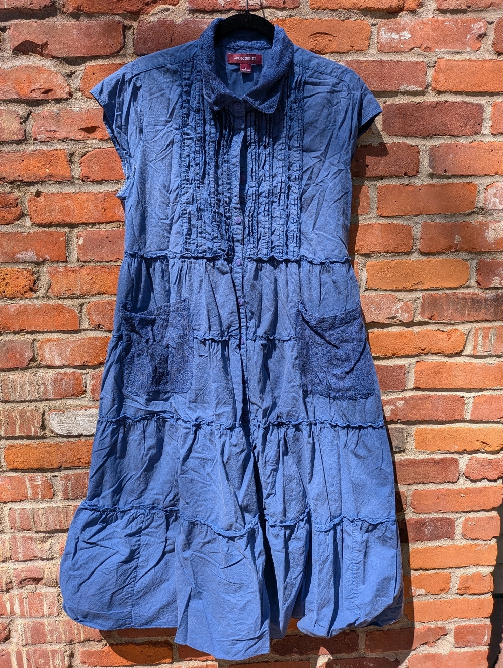 April Cornell Blue Washed Tiered Button Down Sundress Size Large